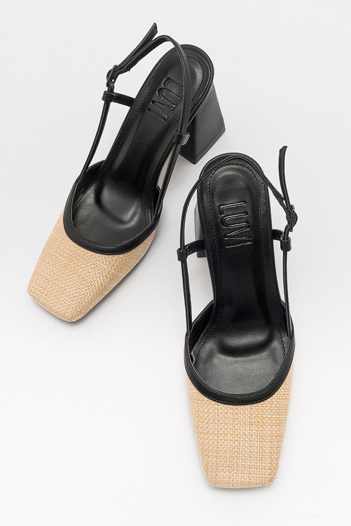 Rivie - Black Raffia Round Toe Chunky Heel Shoe (Women)