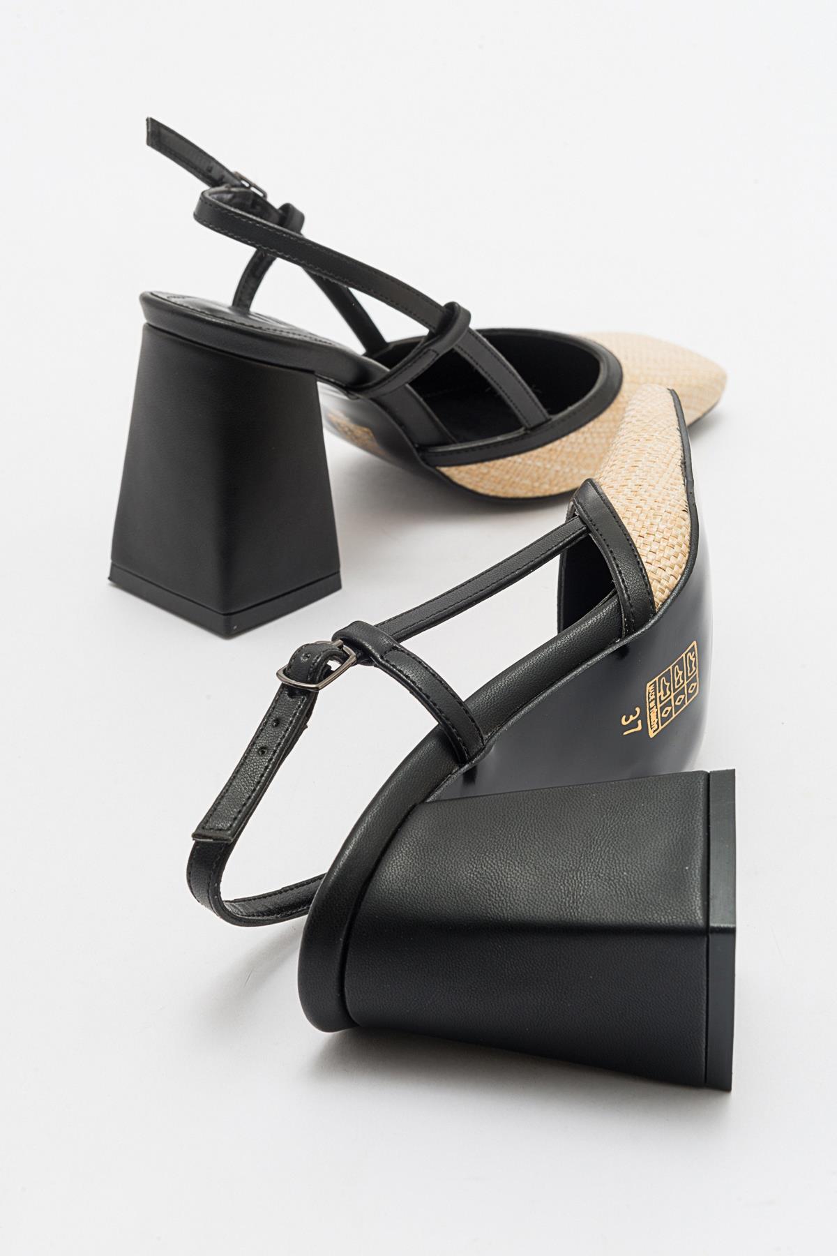 Rivie - Black Raffia Round Toe Chunky Heel Shoe (Women)