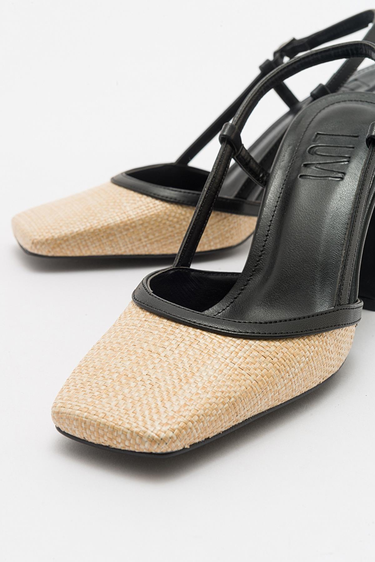 Rivie - Black Raffia Round Toe Chunky Heel Shoe (Women)