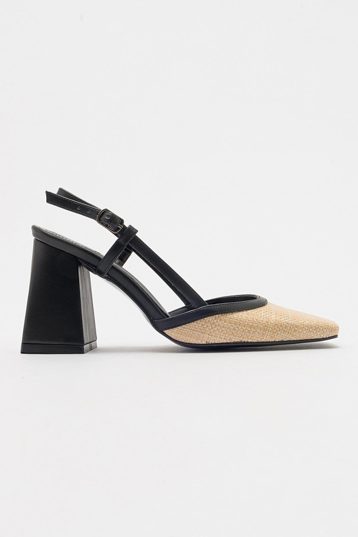 Rivie - Black Raffia Round Toe Chunky Heel Shoe (Women)