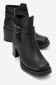 Heile - Black Buckle Block Heel Boot (Women)