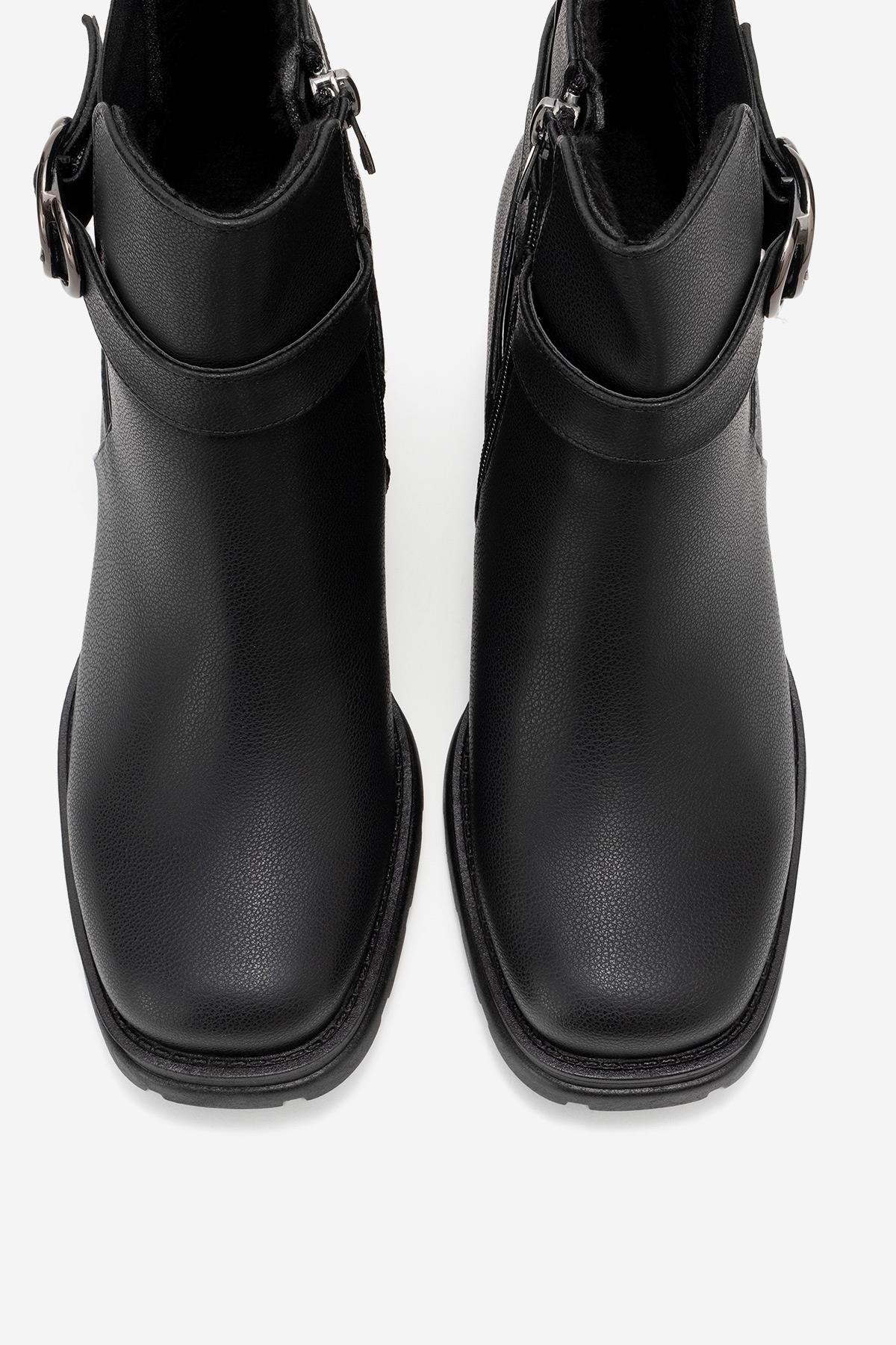 Heile - Black Buckle Block Heel Boot (Women)