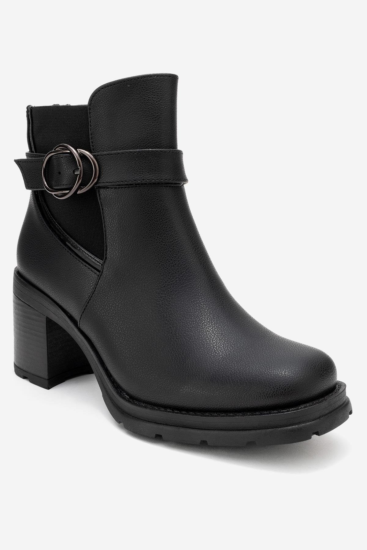 Heile - Black Buckle Block Heel Boot (Women)