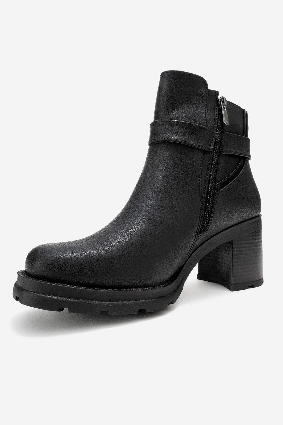 Heile - Black Buckle Block Heel Boot (Women)