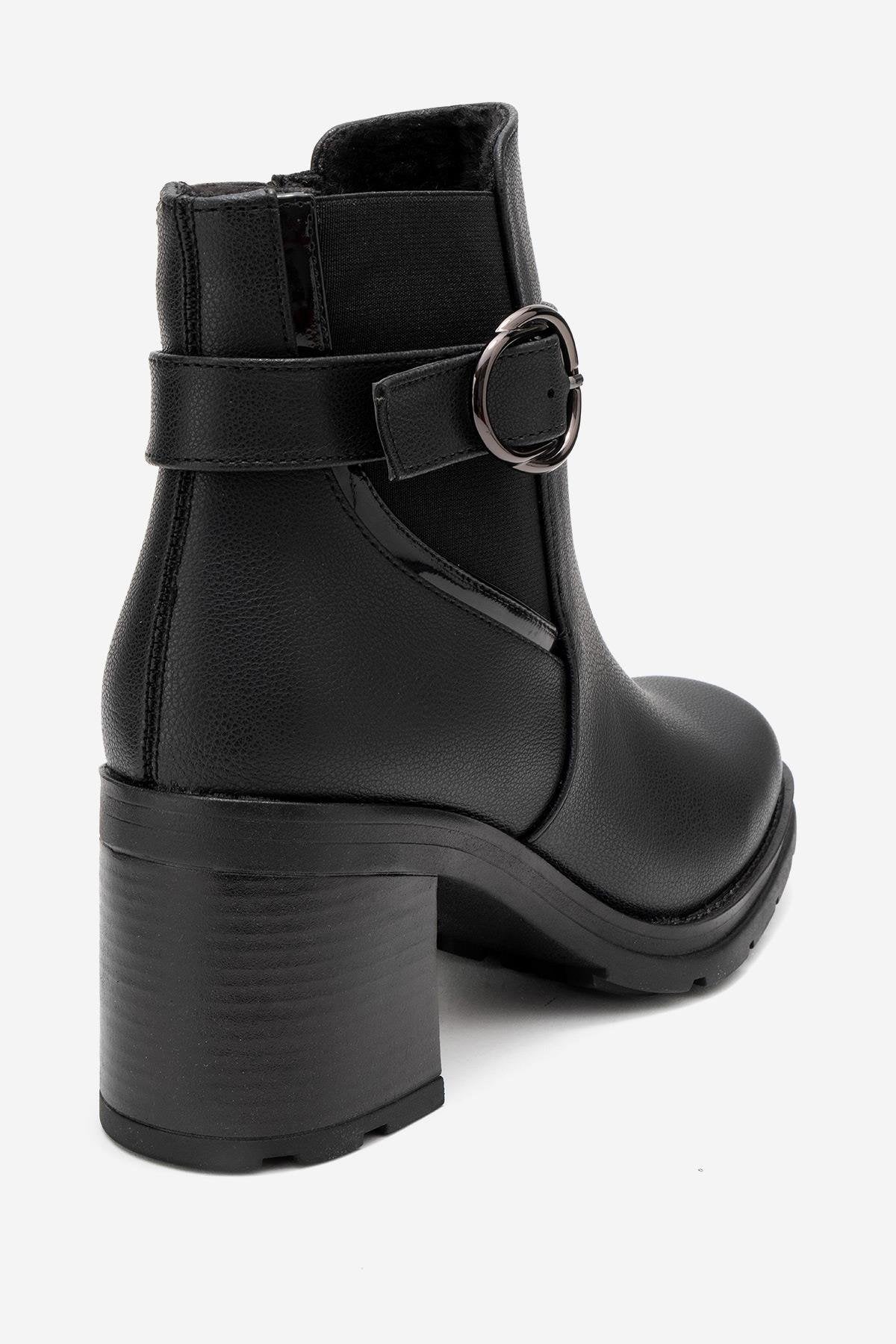 Heile - Black Buckle Block Heel Boot (Women)