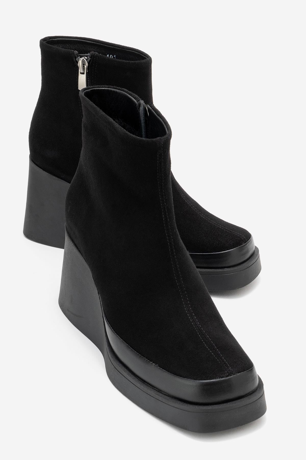 Livia - Black Genuine Leather Platform Wedge Boot (Women)