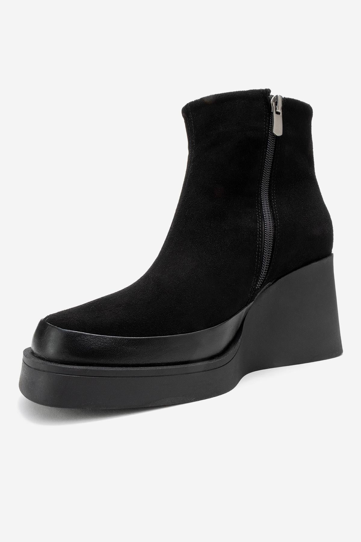 Livia - Black Genuine Leather Platform Wedge Boot (Women)