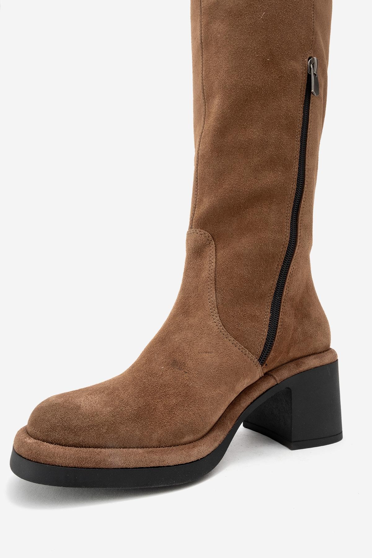 Fros - Cognac Genuine Leather Block Heel Knee-High Boot (Women)