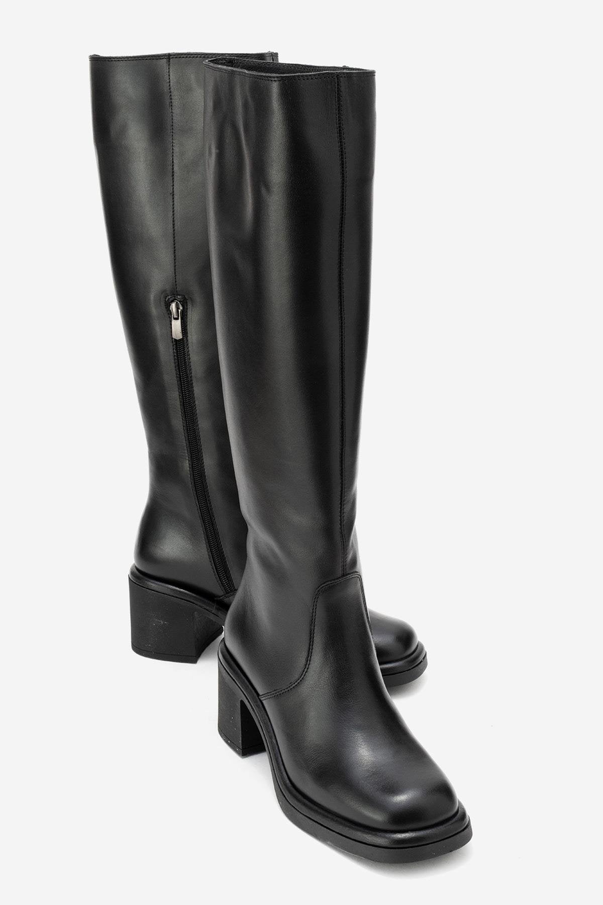 Fros - Black Genuine Leather Block Heel Knee-High Boot (Women)