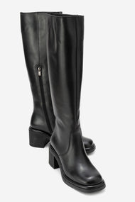Fros - Black Genuine Leather Block Heel Knee-High Boot (Women)