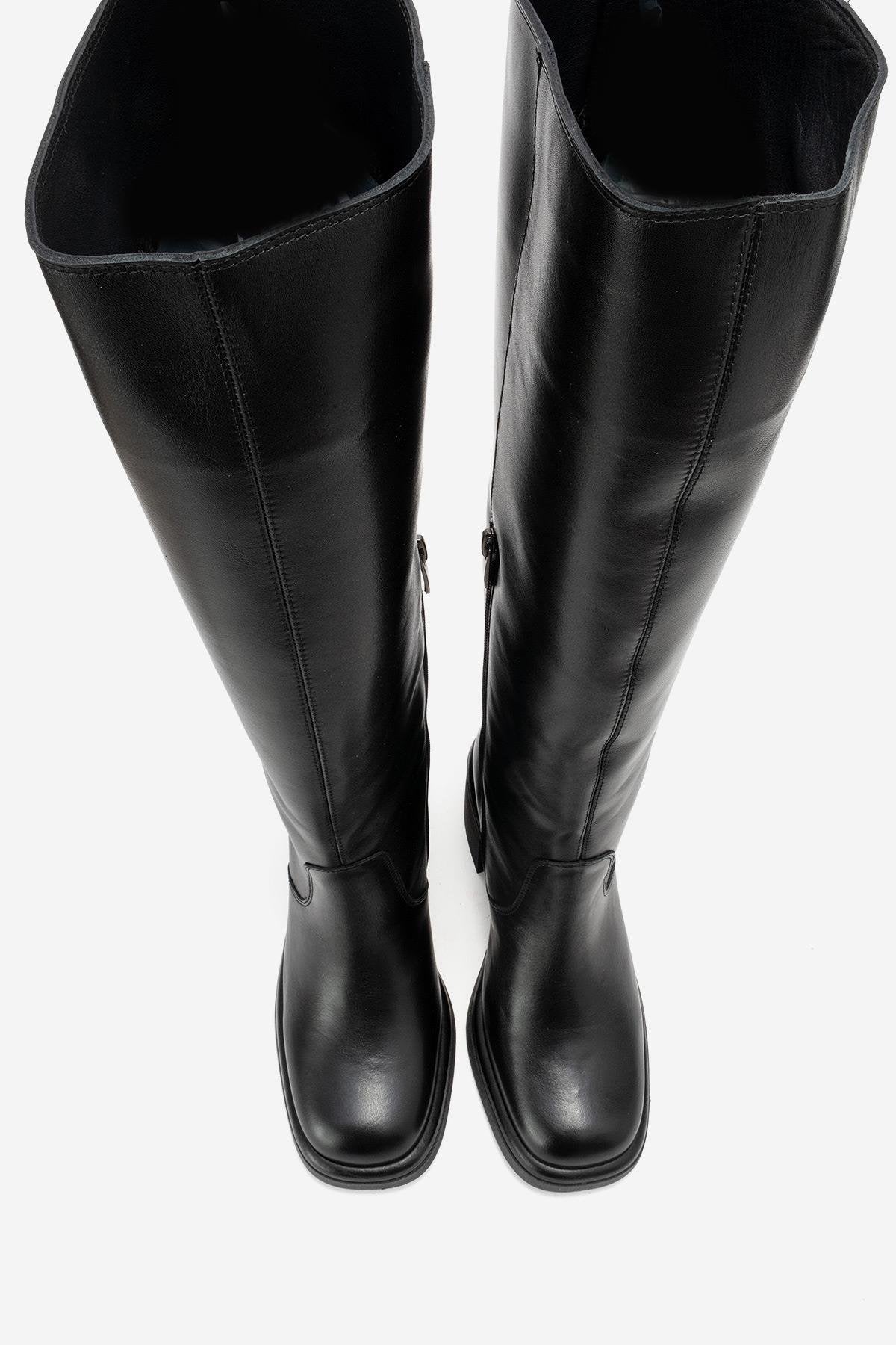 Fros - Black Genuine Leather Block Heel Knee-High Boot (Women)