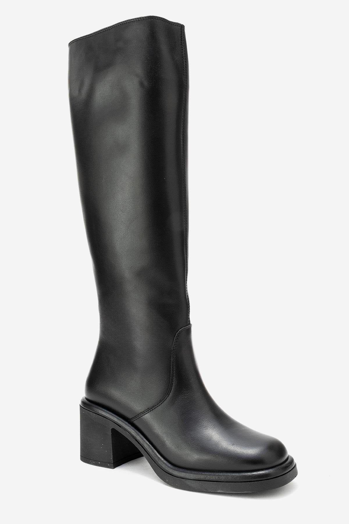 Fros - Black Genuine Leather Block Heel Knee-High Boot (Women)