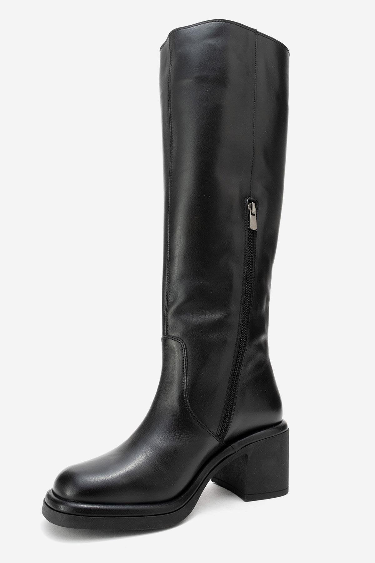 Fros - Black Genuine Leather Block Heel Knee-High Boot (Women)