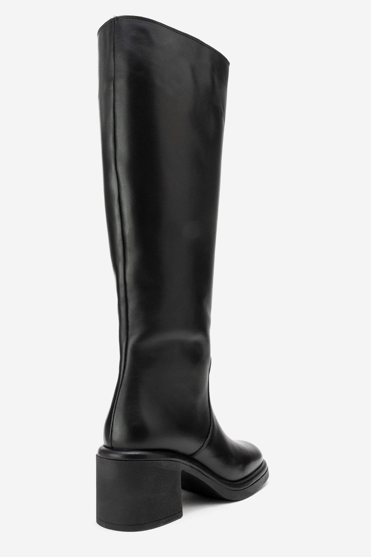 Fros - Black Genuine Leather Block Heel Knee-High Boot (Women)
