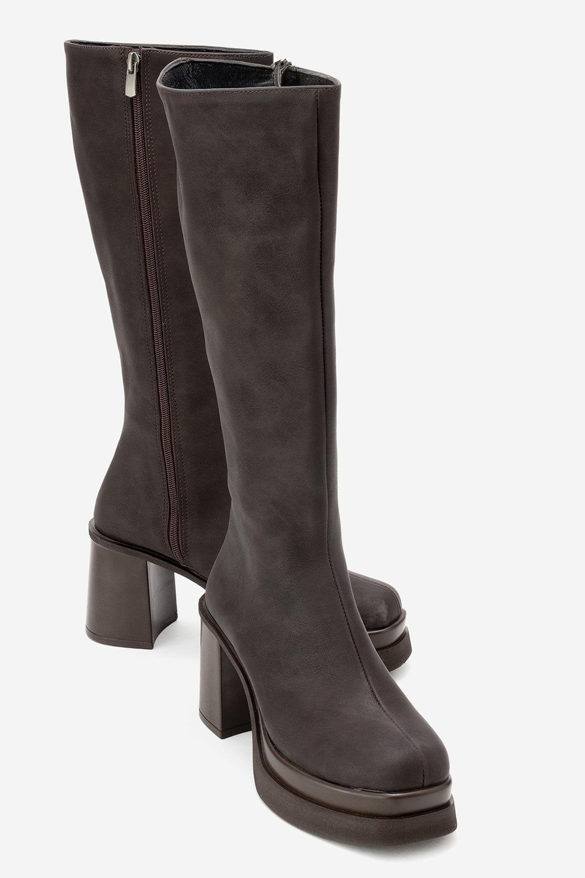 Carm - Brown Nubuck Platform Heel Mid-Calf Boot (Women)