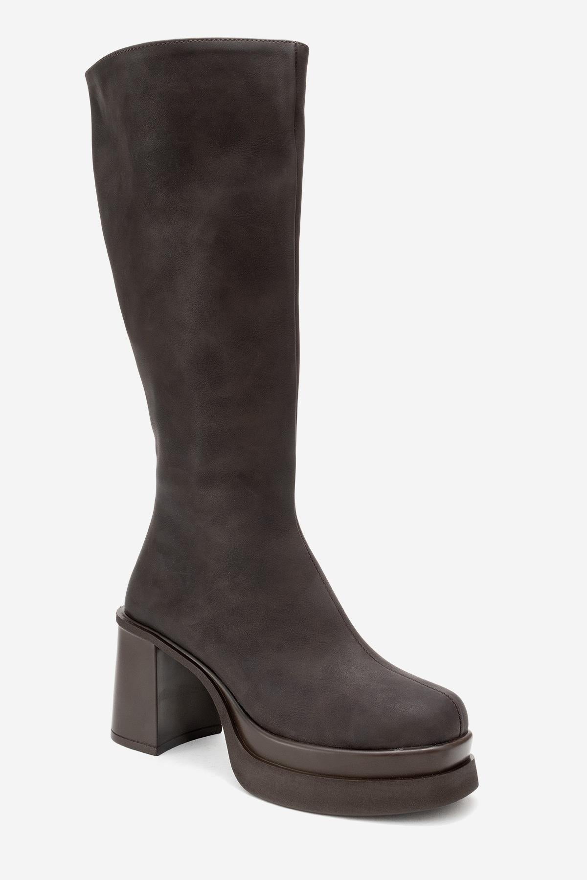 Carm - Brown Nubuck Platform Heel Mid-Calf Boot (Women)