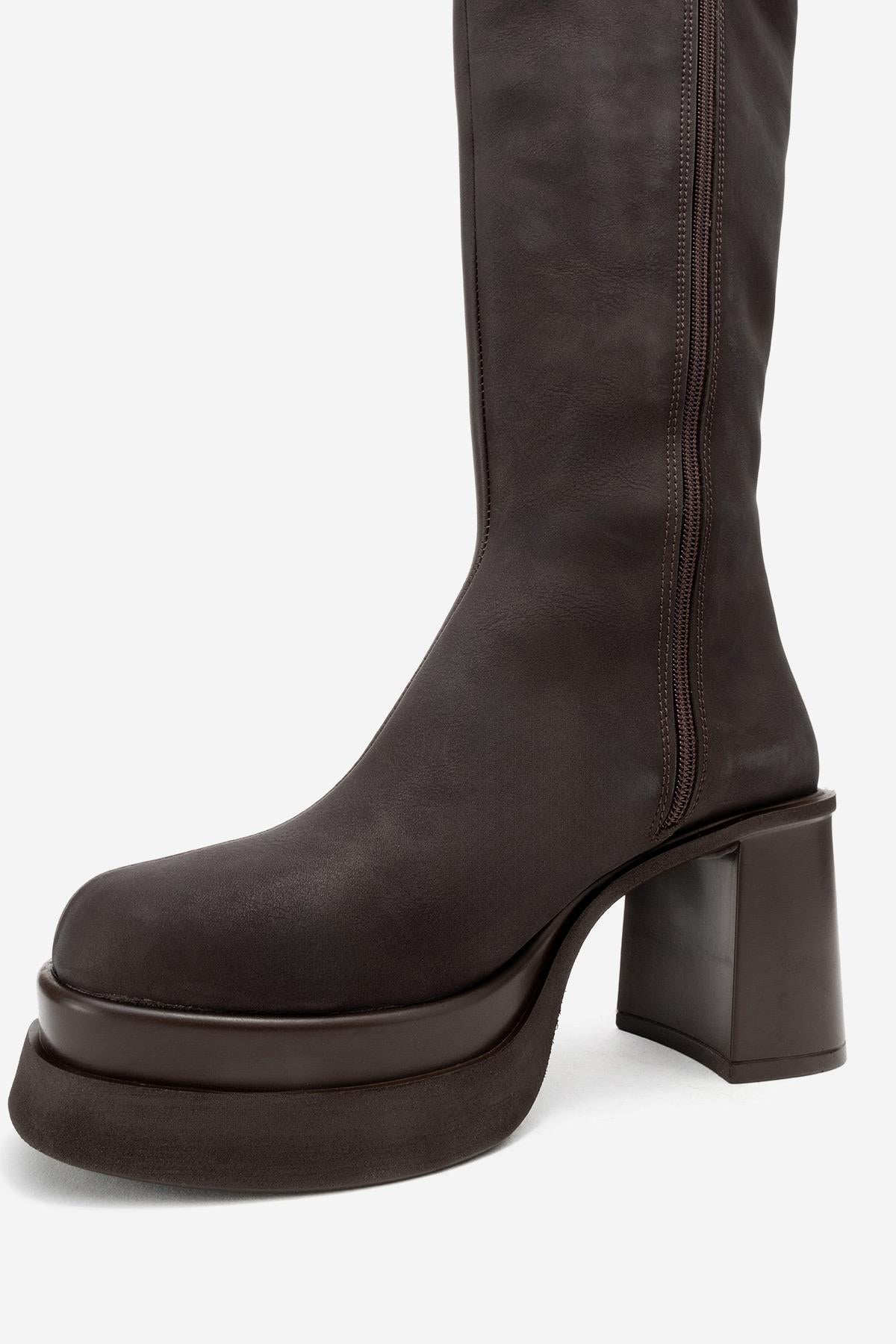 Carm - Brown Nubuck Platform Heel Mid-Calf Boot (Women)