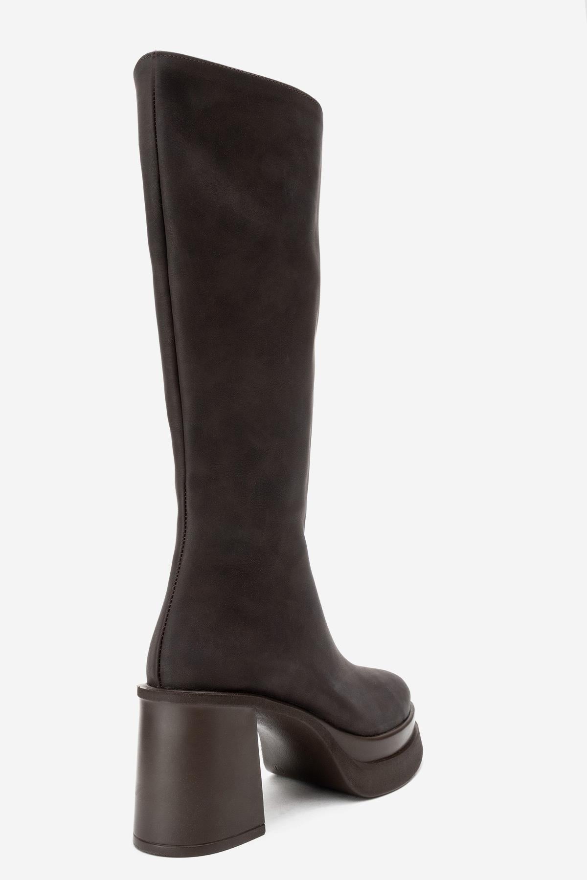 Carm - Brown Nubuck Platform Heel Mid-Calf Boot (Women)