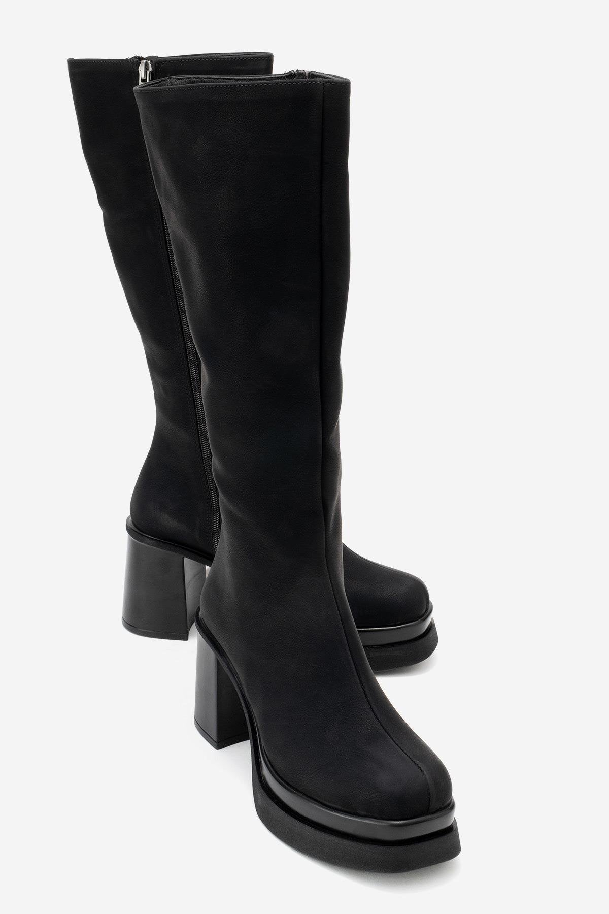 Carm - Black Nubuck Platform Heel Mid-Calf Boot (Women)