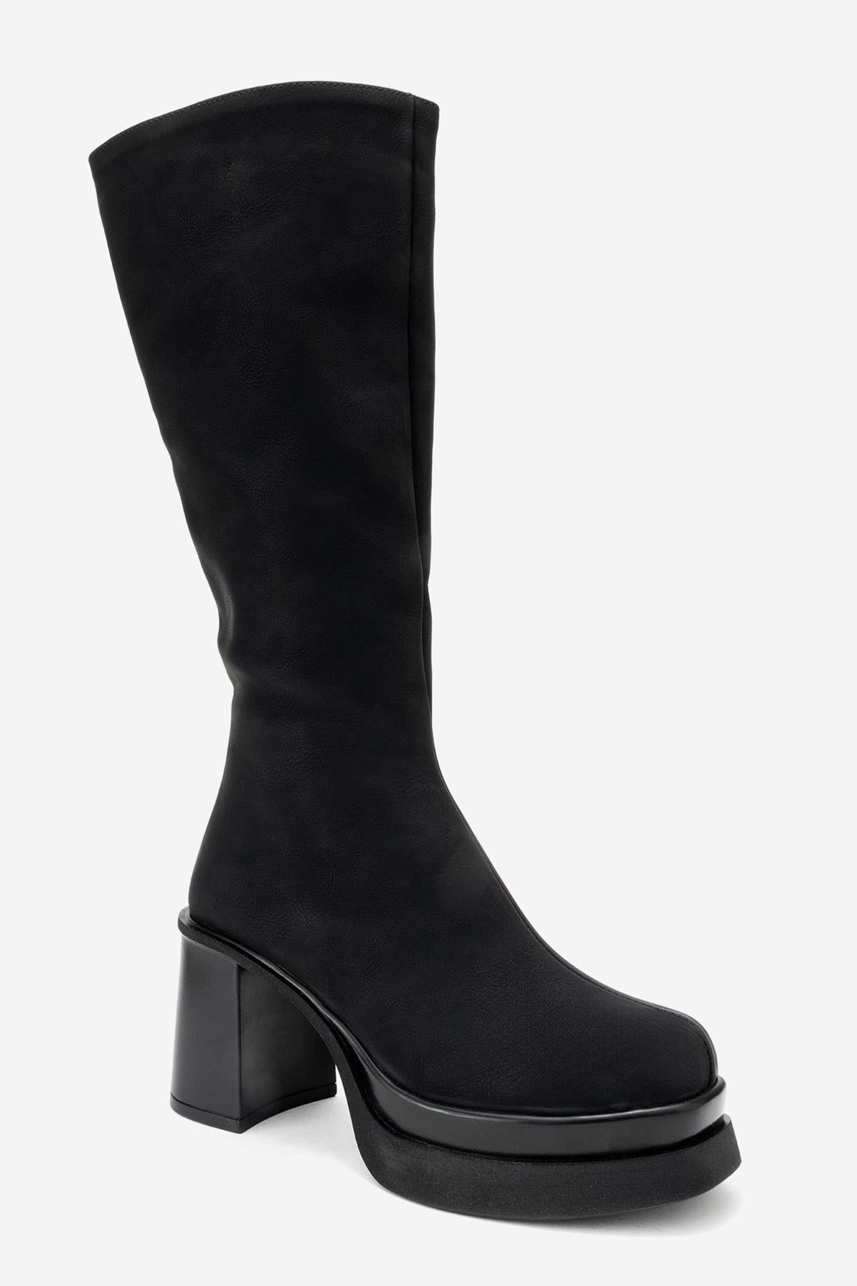 Carm - Black Nubuck Platform Heel Mid-Calf Boot (Women)