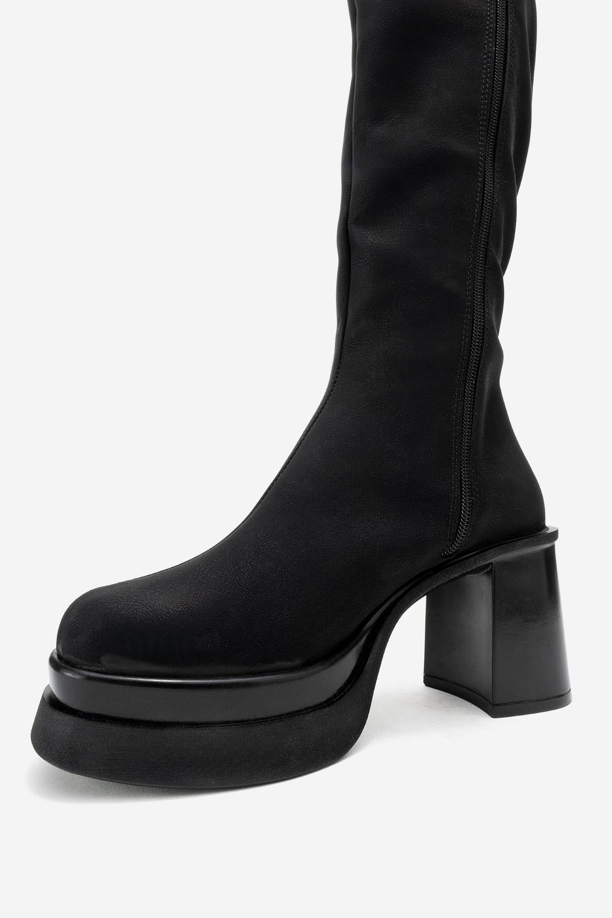 Carm - Black Nubuck Platform Heel Mid-Calf Boot (Women)
