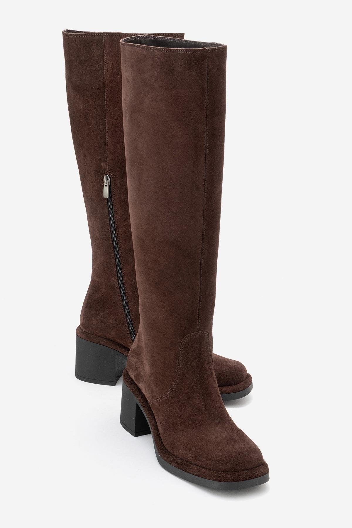 Fros - Brown Genuine Leather Block Heel Knee-High Boot (Women)