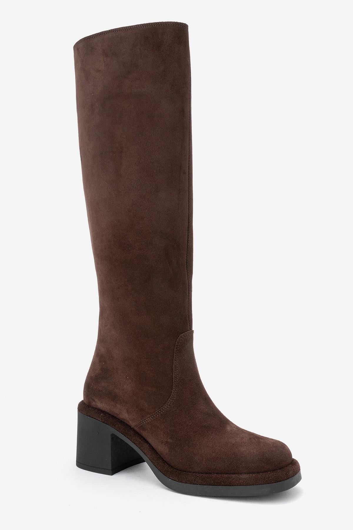 Fros - Brown Genuine Leather Block Heel Knee-High Boot (Women)