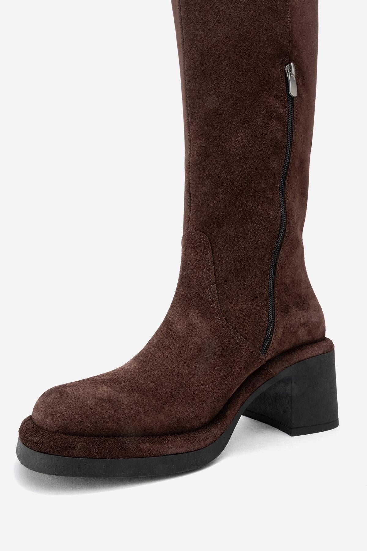 Fros - Brown Genuine Leather Block Heel Knee-High Boot (Women)
