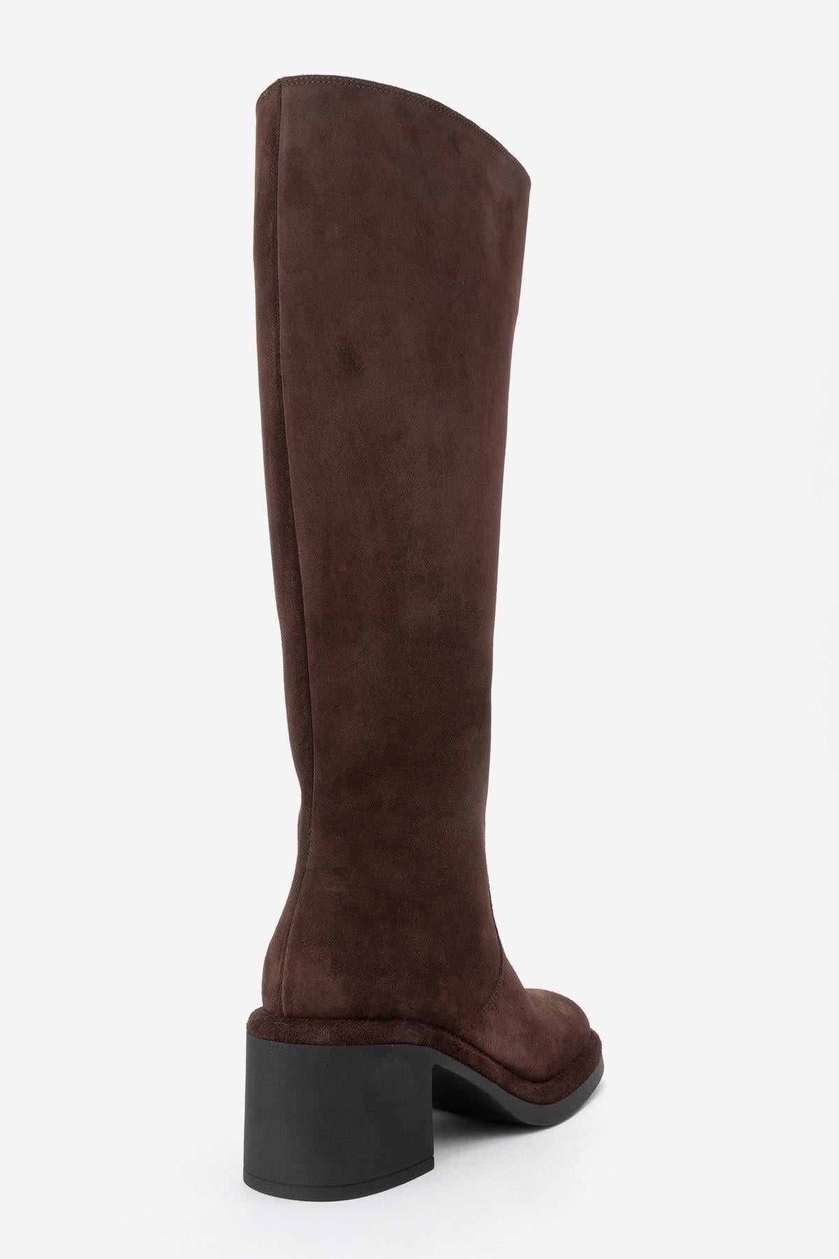 Fros - Brown Genuine Leather Block Heel Knee-High Boot (Women)
