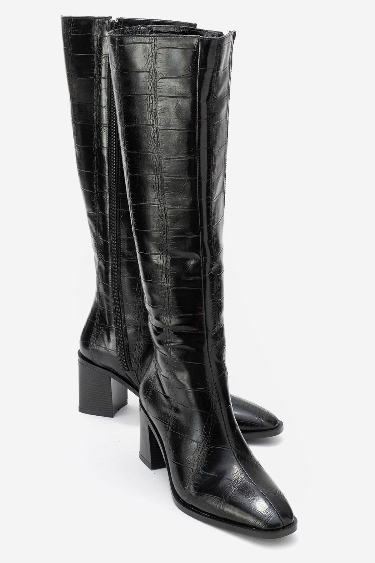 Venia - Black Croco-Effect Knee-High Thick Heel Boot (Women)