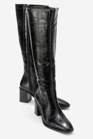 Venia - Black Croco-Effect Knee-High Thick Heel Boot (Women)