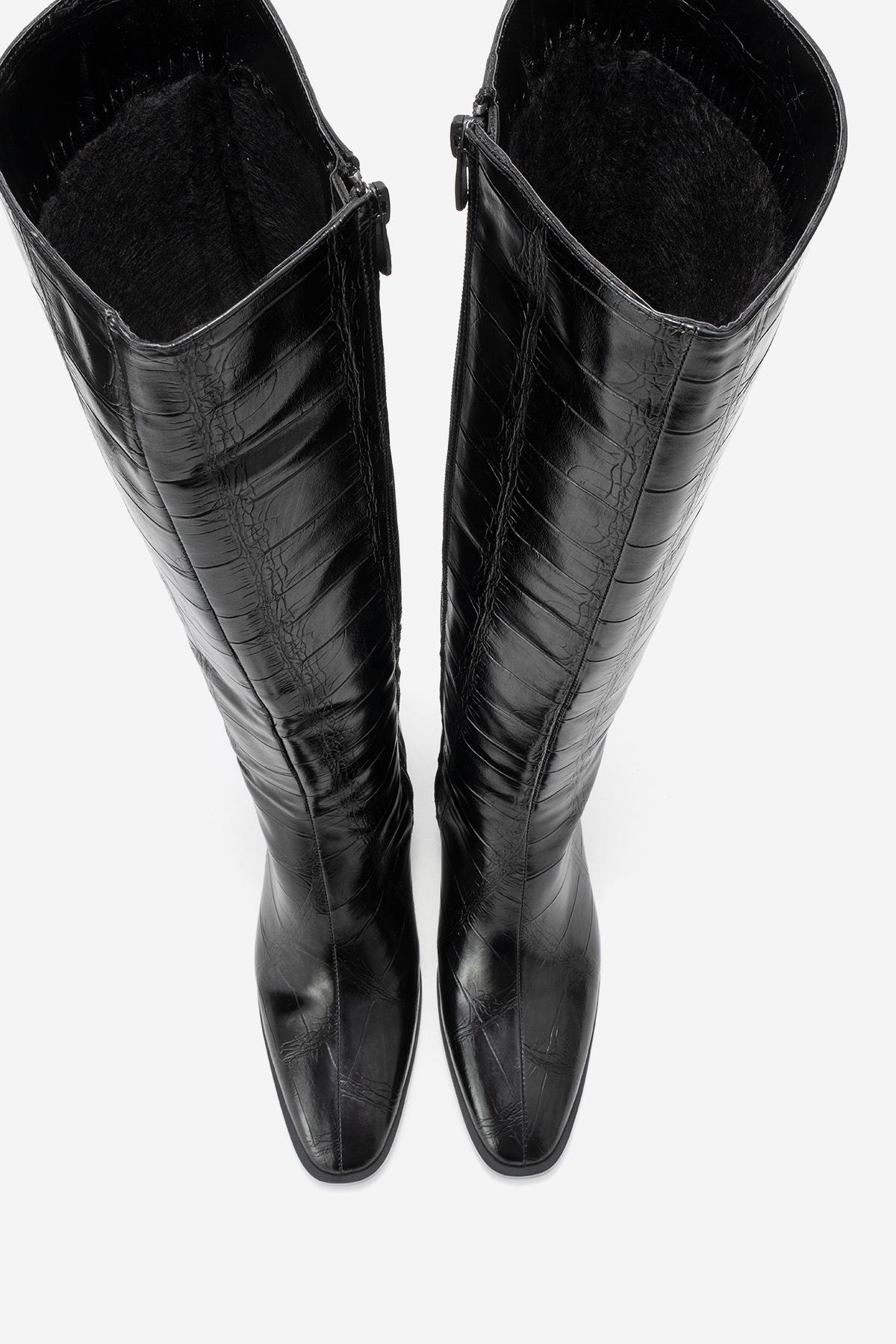 Venia - Black Croco-Effect Knee-High Thick Heel Boot (Women)