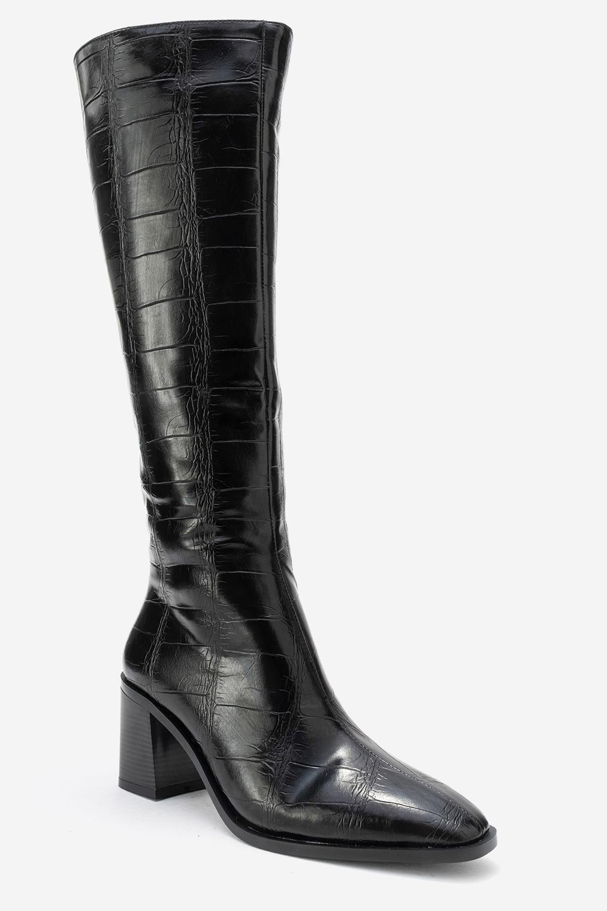 Venia - Black Croco-Effect Knee-High Thick Heel Boot (Women)
