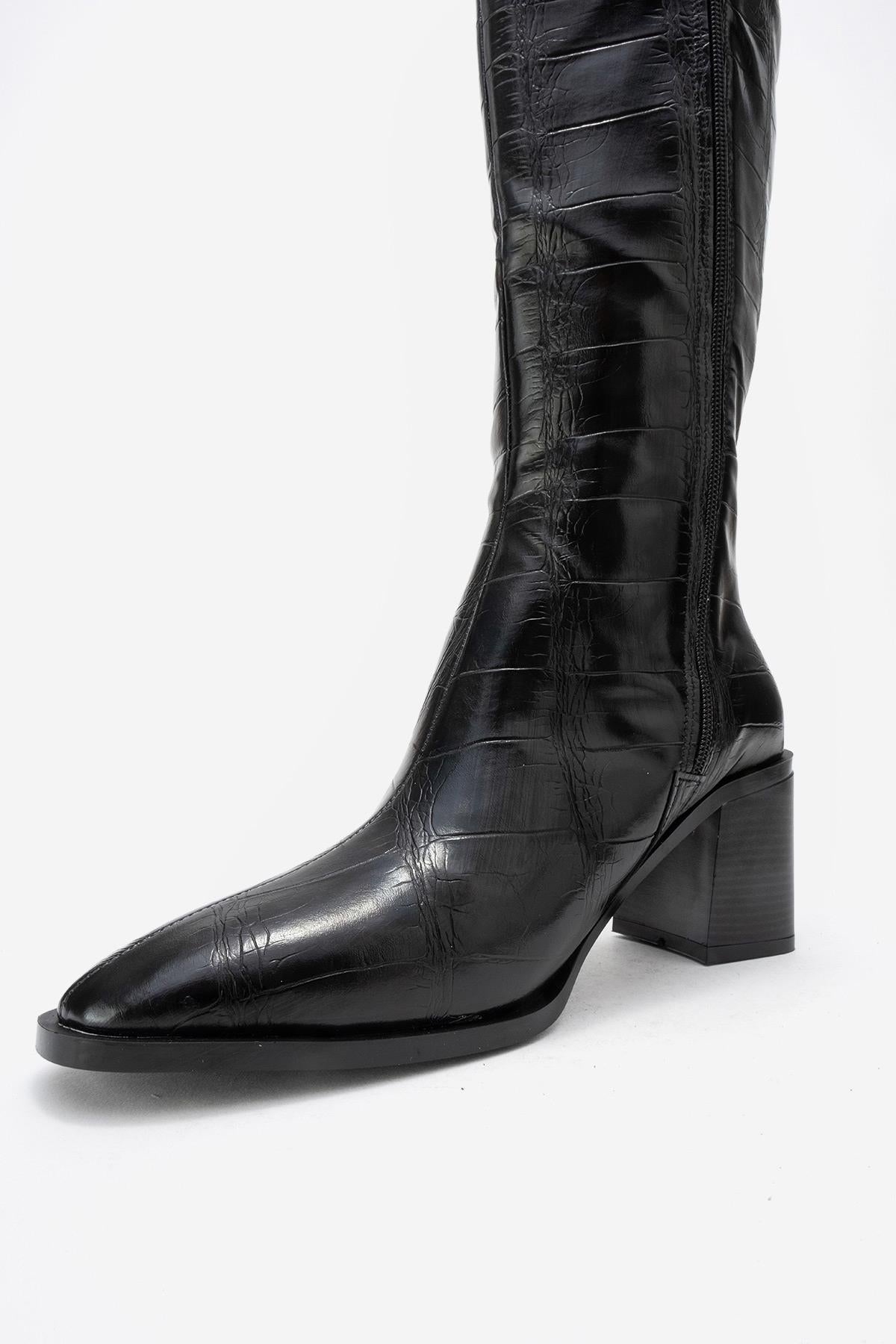 Venia - Black Croco-Effect Knee-High Thick Heel Boot (Women)