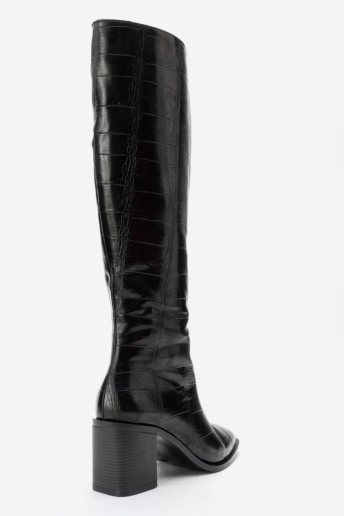 Venia - Black Croco-Effect Knee-High Thick Heel Boot (Women)