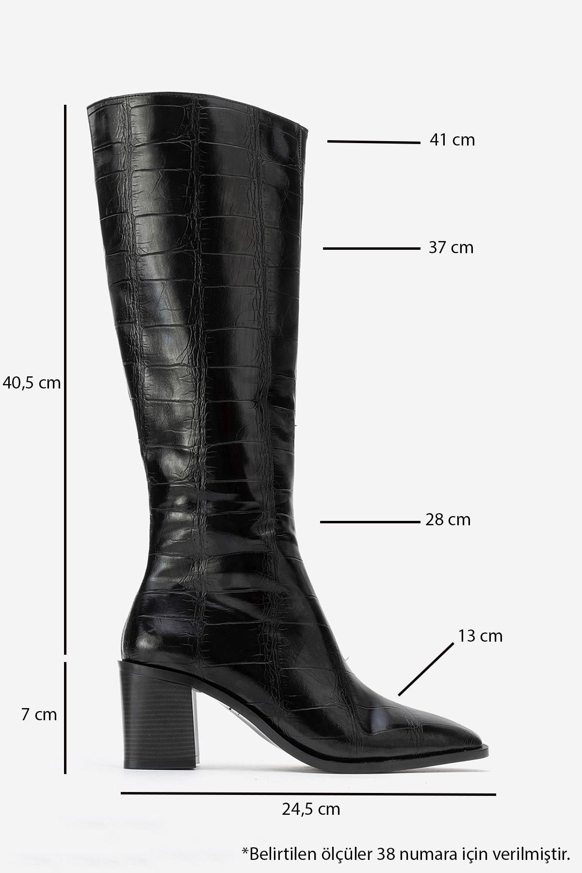 Venia - Black Croco-Effect Knee-High Thick Heel Boot (Women)