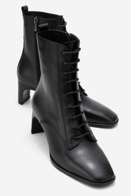 Sudy - Black Genuine Leather Lace-Up Block Heel Boot (Women)