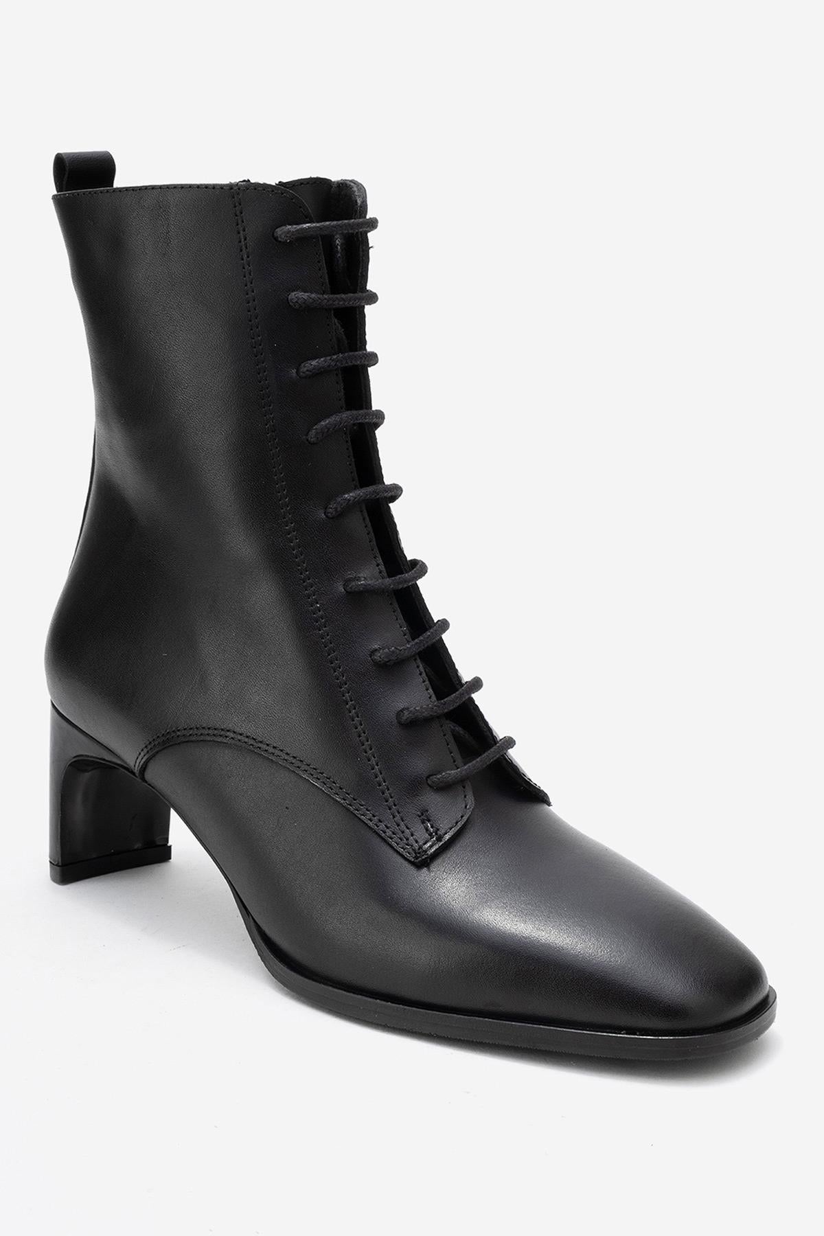 Sudy - Black Genuine Leather Lace-Up Block Heel Boot (Women)