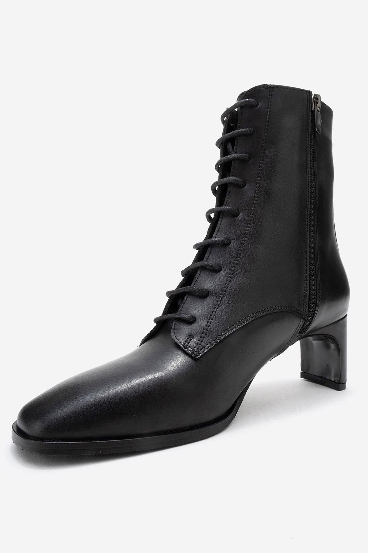 Sudy - Black Genuine Leather Lace-Up Block Heel Boot (Women)
