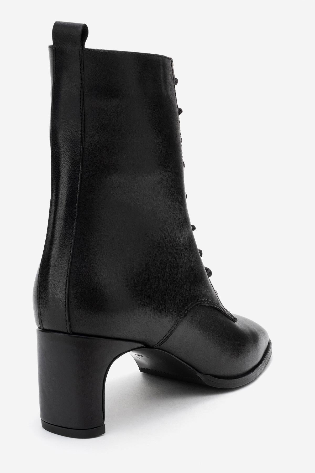 Sudy - Black Genuine Leather Lace-Up Block Heel Boot (Women)