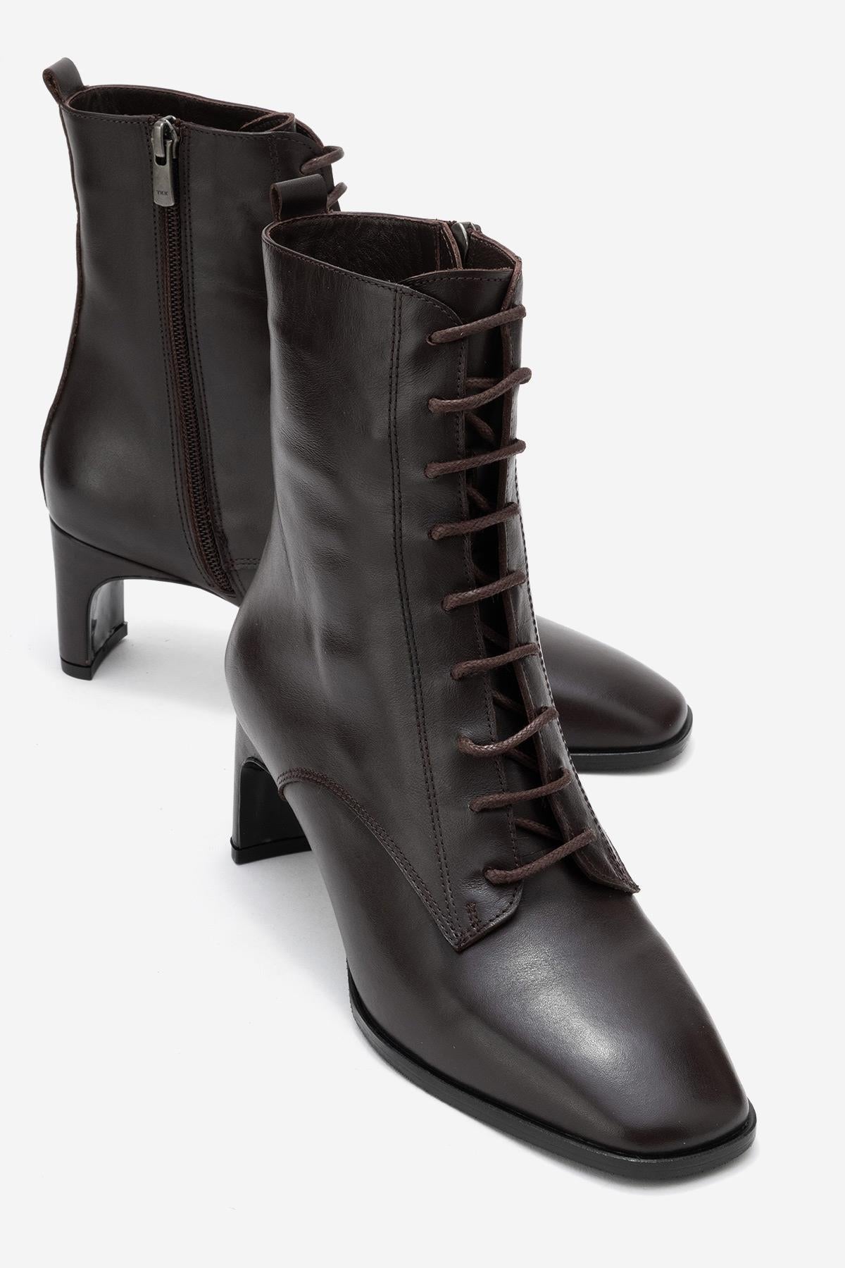 Sudy - Brown Genuine Leather Lace-Up Block Heel Boot (Women)