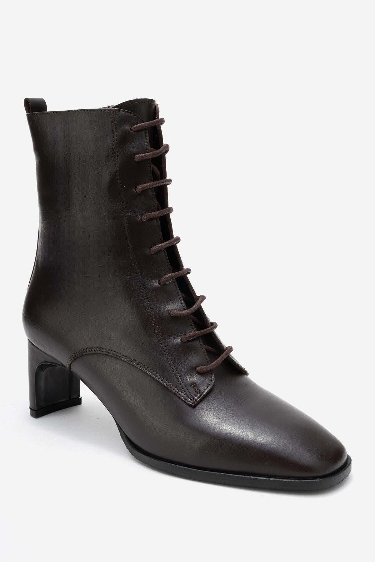 Sudy - Brown Genuine Leather Lace-Up Block Heel Boot (Women)
