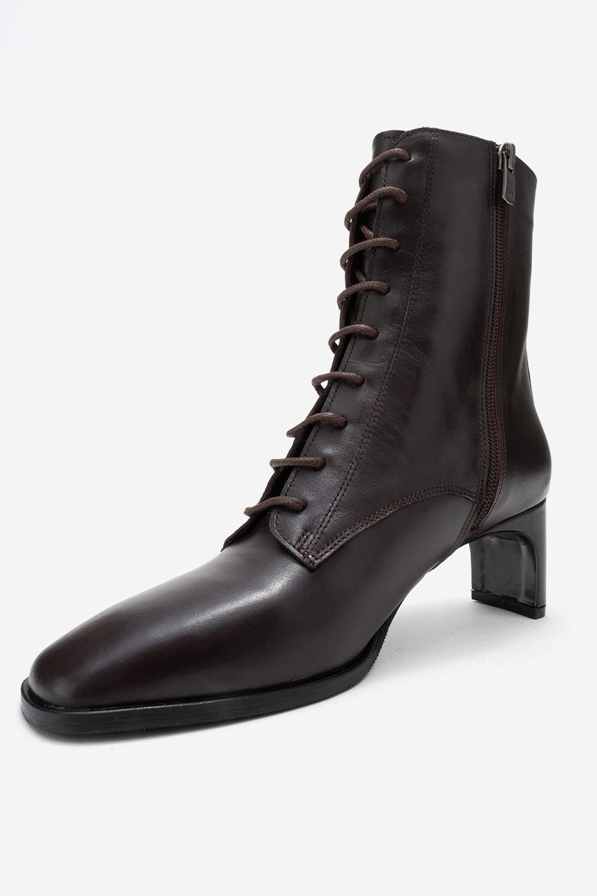 Sudy - Brown Genuine Leather Lace-Up Block Heel Boot (Women)