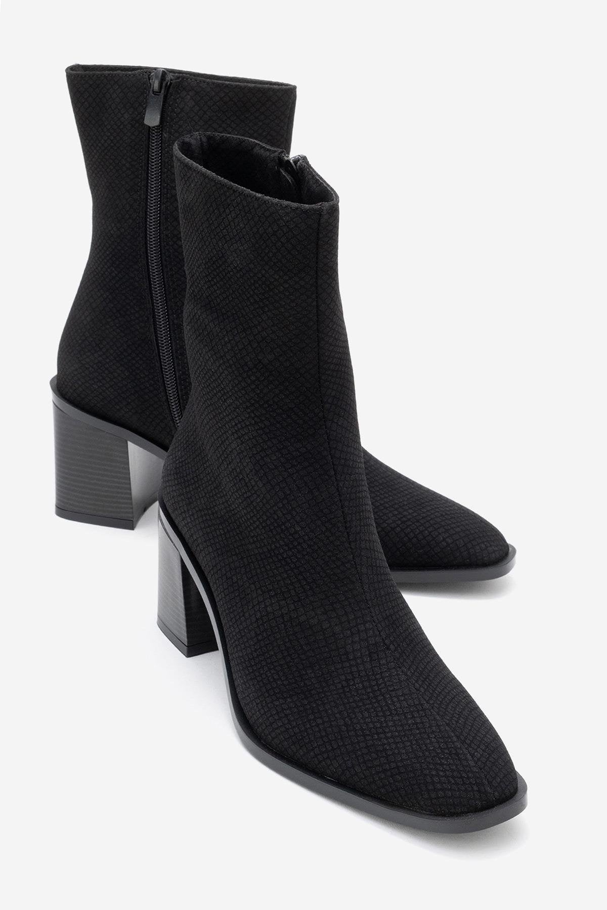 Chara - Black Patterned Block Heel Boot (Women)