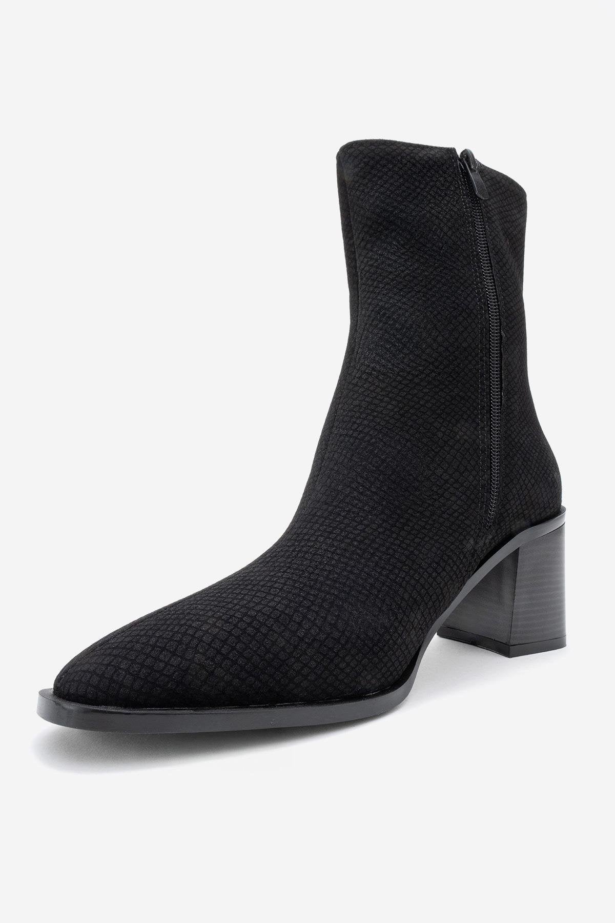 Chara - Black Patterned Block Heel Boot (Women)