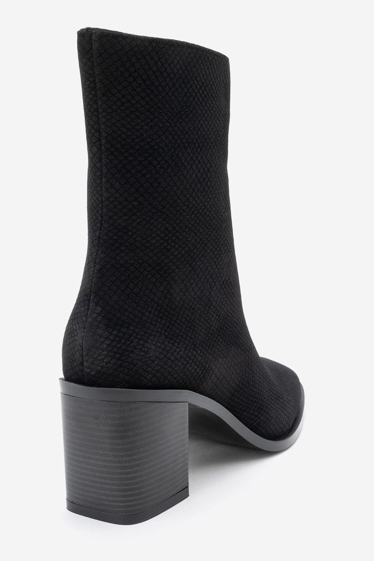 Chara - Black Patterned Block Heel Boot (Women)