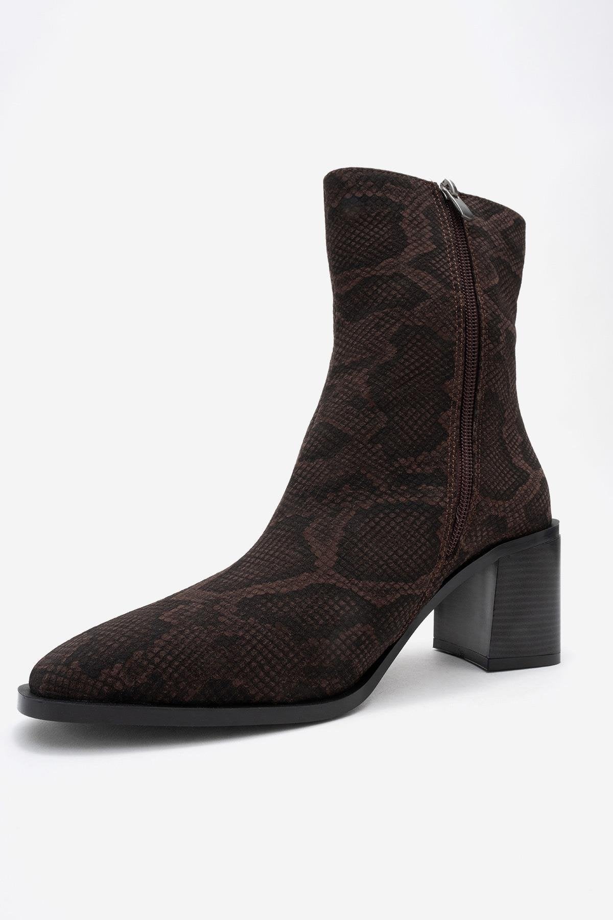 Chara - Brown Patterned Block Heel Boot (Women)