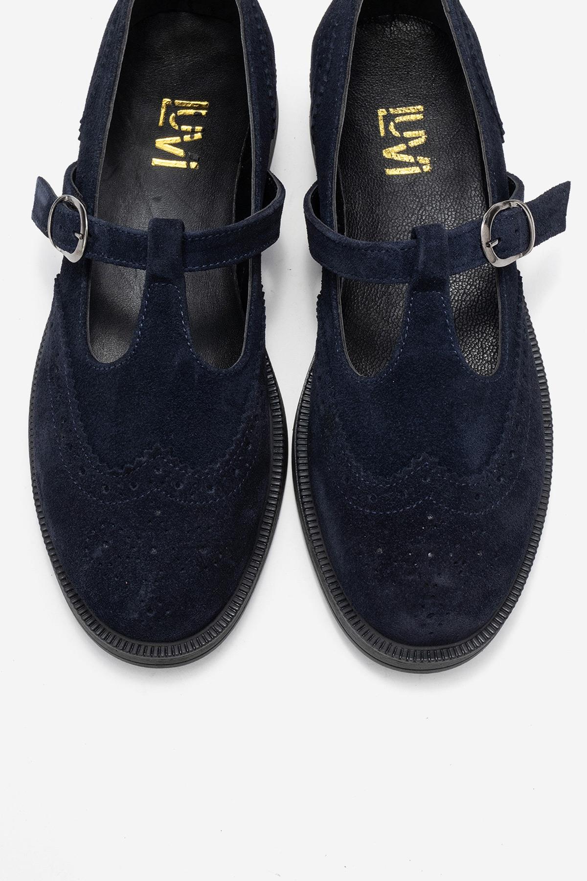 Janney - Navy Suede Genuine Leather Strap Loafer (Women)