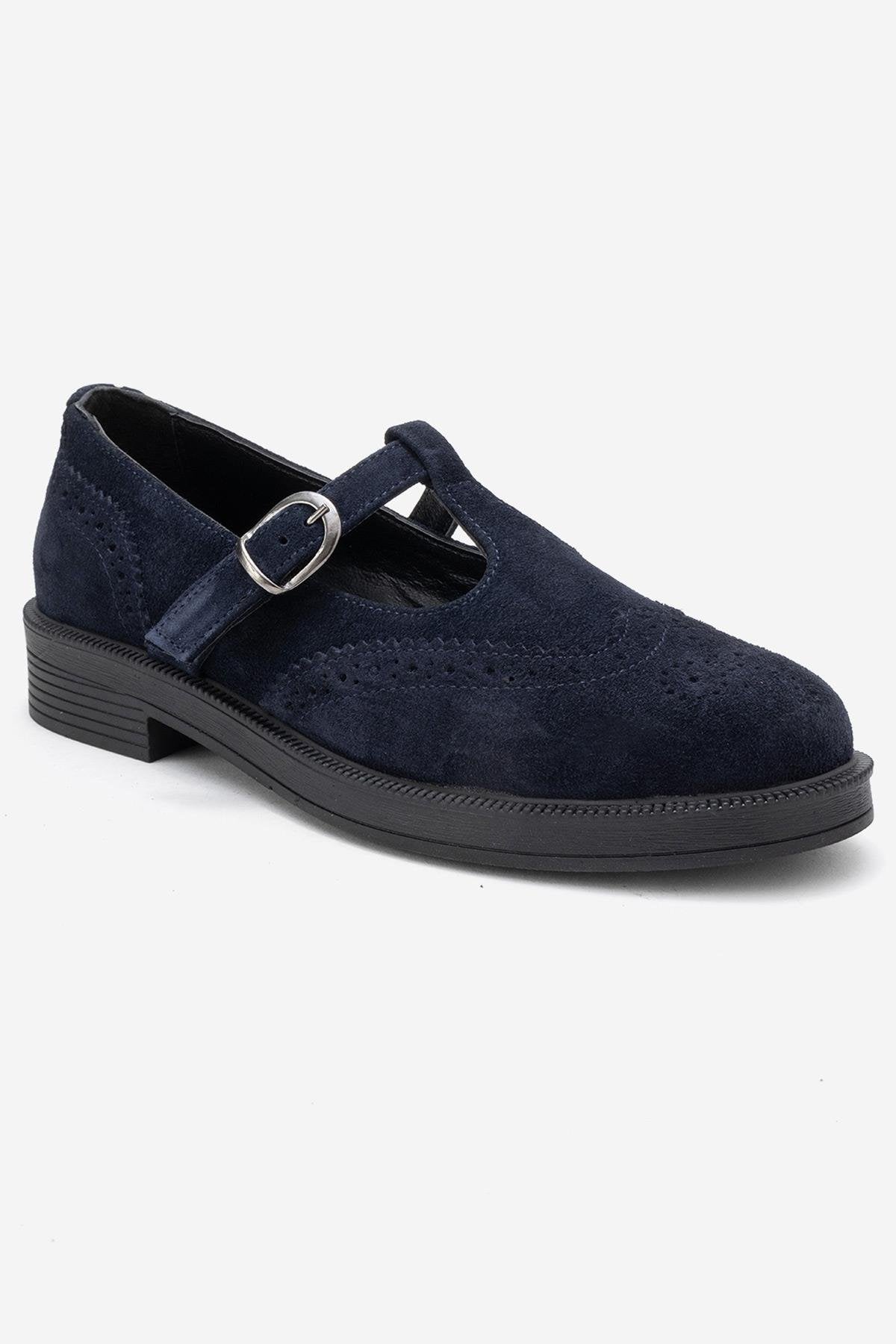 Janney - Navy Suede Genuine Leather Strap Loafer (Women)