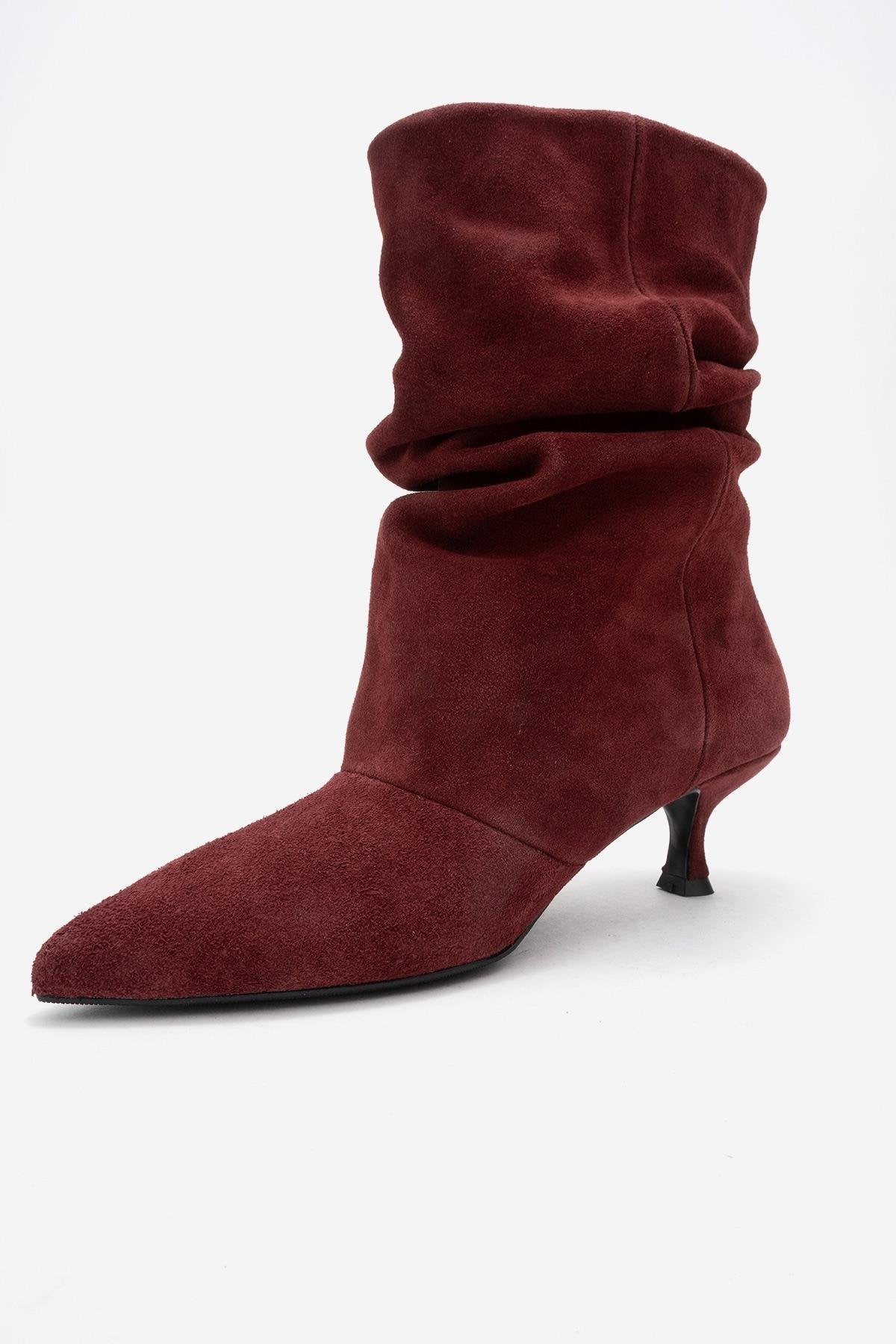 Balei - Burgundy Suede Genuine Leather Short Heel Boot (Women)